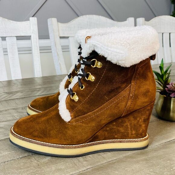 Napoleoni Tan Shearling Suede Leather Lace Up Wedge Platform Winter Boot 9.5 - Picture 3 of 6
